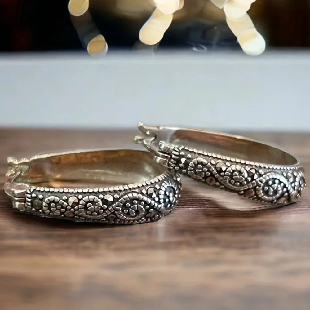 Designer Marcasite Sterling Silver Hoop Earrings